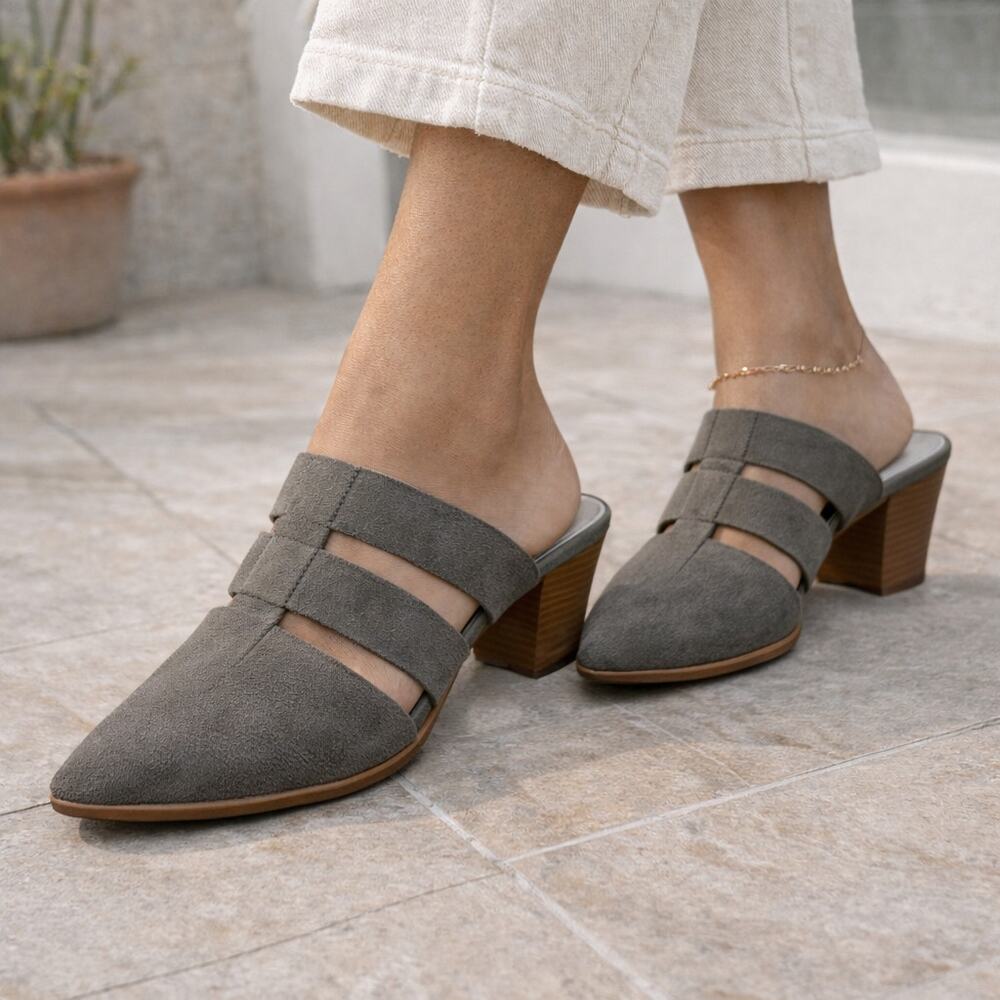 Dolce Vita Dark Grey Suede Pointed-Toe Fisherman Cage Slip-On Block Heel Mules
